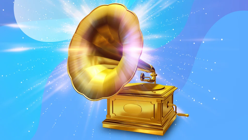 A traditional, golden record player is centered surrounded by reflecting light. On a vibrant blue background.