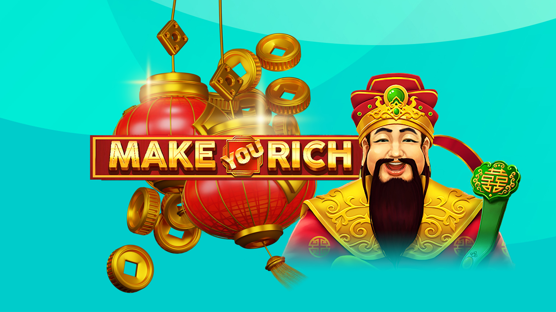 Caishen the god of wealth stands next to the logo for the SlotsLV online slot, Make You Rich, with a Chinese-style lantern hanging from the top of the image on a colorful turquoise background.