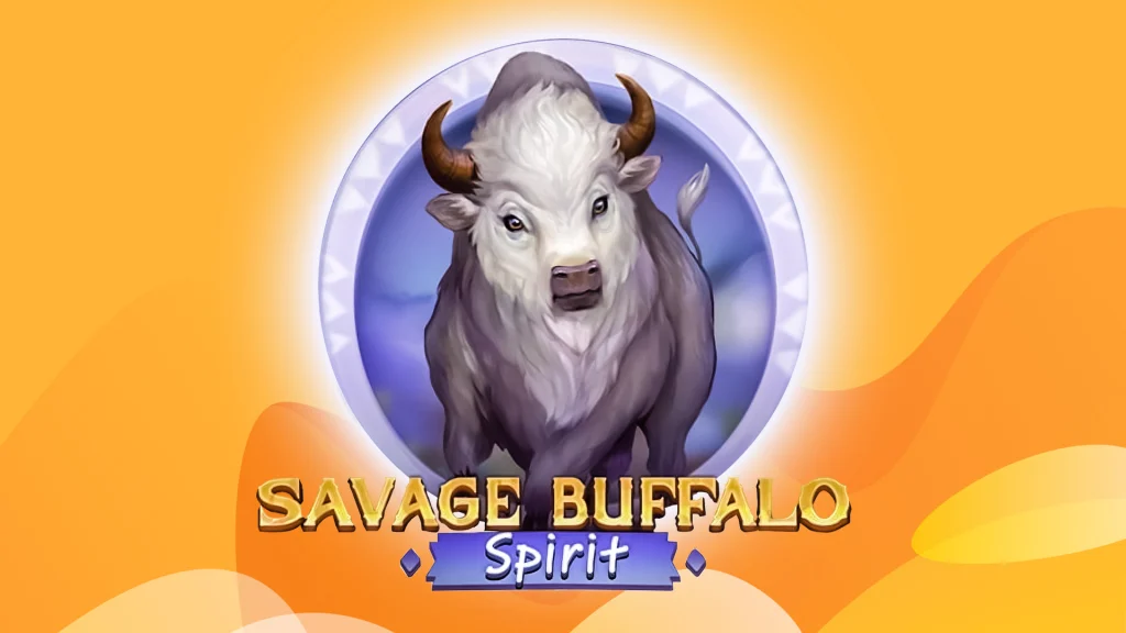 A white buffalo is center, above the SlotsLV slots game logo for ‘Savage Buffalo Spirit' on a vibrant orange background.