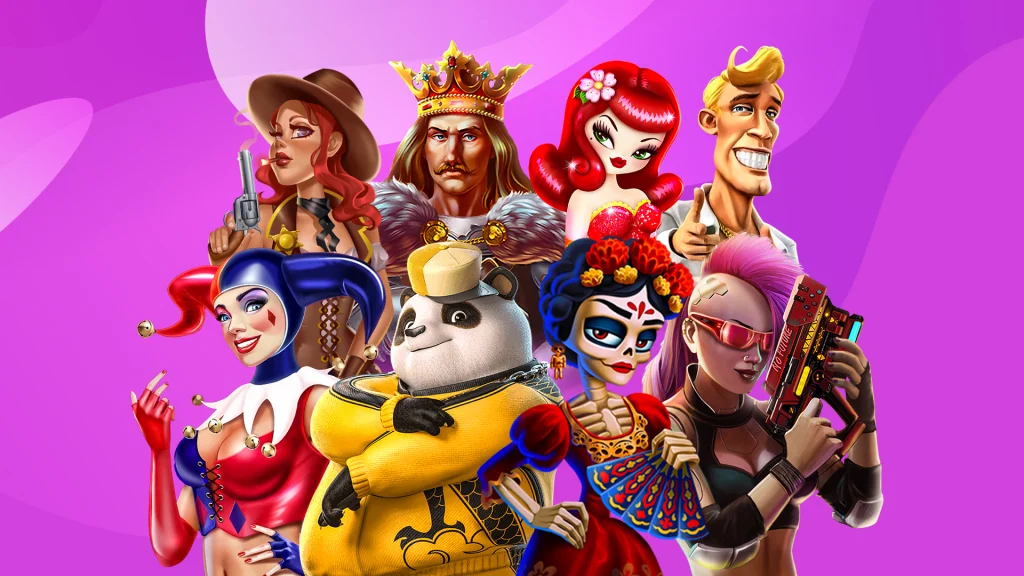 Numerous animated characters from SlotsLV online slots feature including a cowgirl, a king, a panda and a futuristic character holding a gun on a purple background.