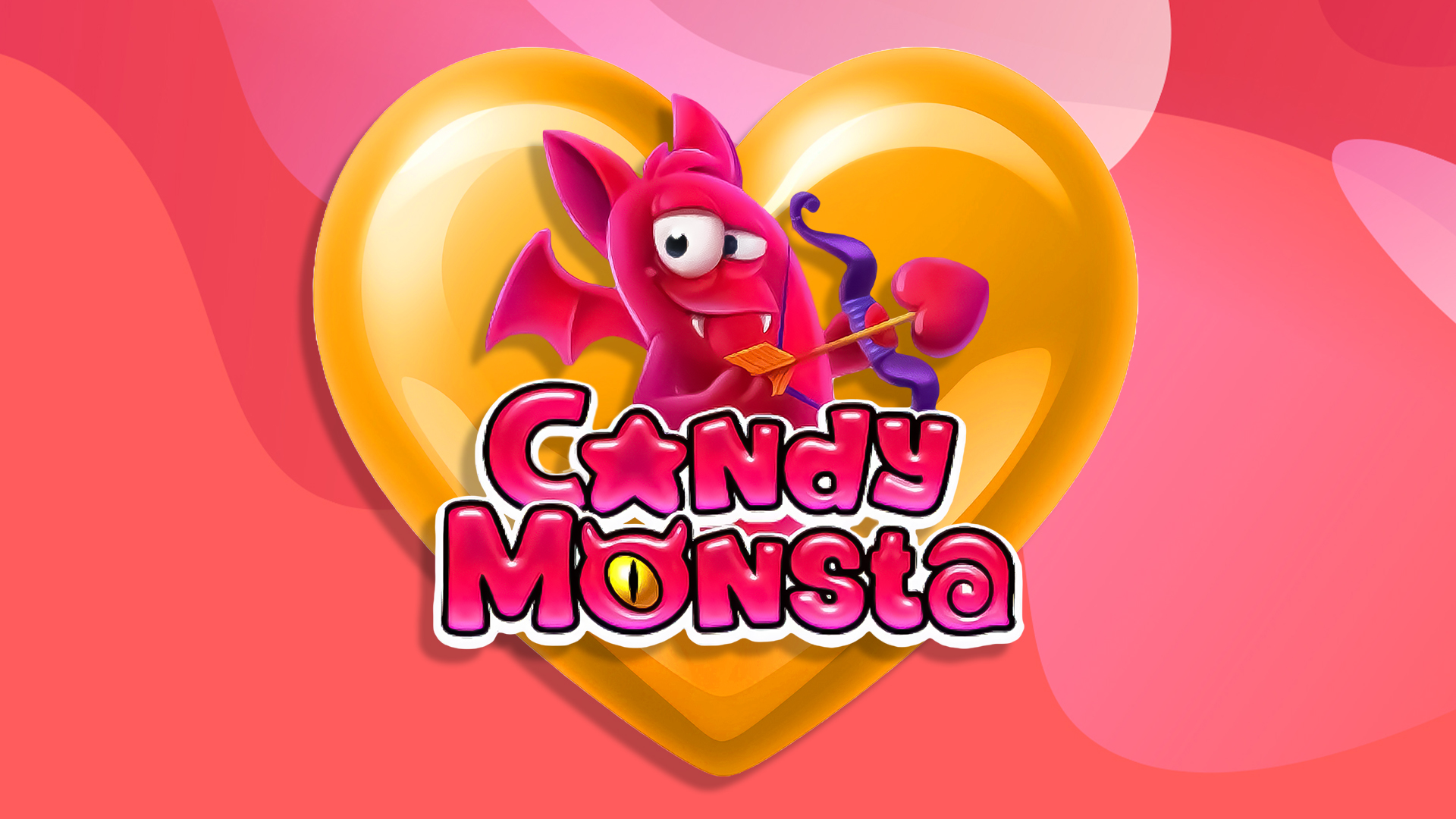 A monster with wings and fangs holds a bow and arrow, inside a golden love heart, while below it reads ‘Candy Monsta’, on a multi tone red and pink background.