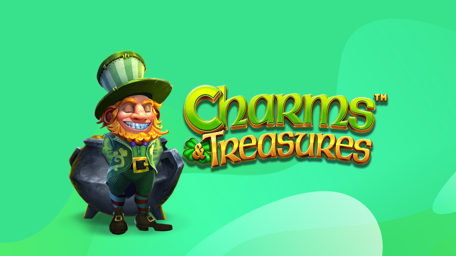 A leprechaun is standing in front of a pot of gold, beside the logo for the SlotsLV online slot, Charms & Treasures, on a green background.