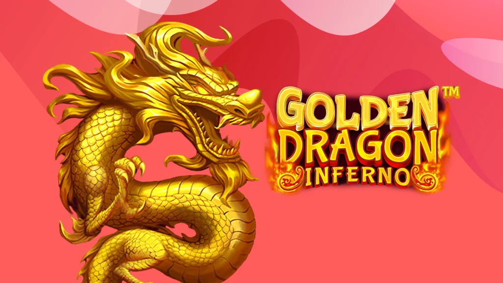 The logo for the SlotsLV online slot, Golden Dragon Inferno, is to the right, while a fearsome-looking gold dragon is to the left. On a vibrant red background.