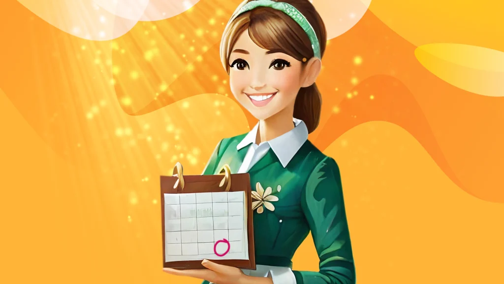 A female animated character is smiling and holding a calendar, on a vibrant yellow background.