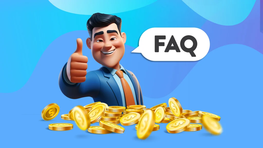 A cartoon man in a suit giving a thumbs up, with a speech bubble that reads ‘FAQ’, while a pile of gold coins feature in the foreground. 