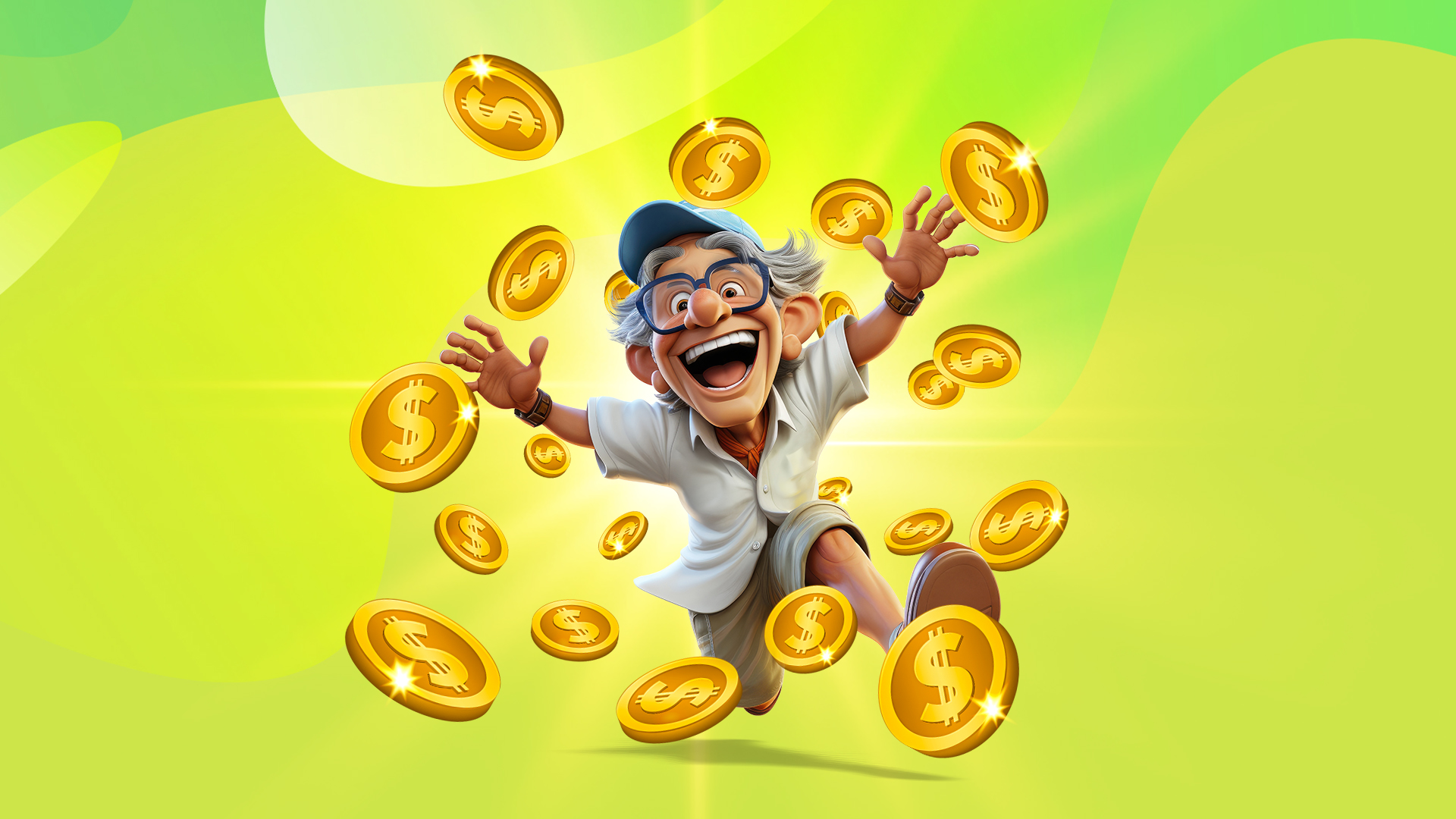 A male animated character is leaping forward in a happy manner, while gold coins fall around him, on a two-tone green background.