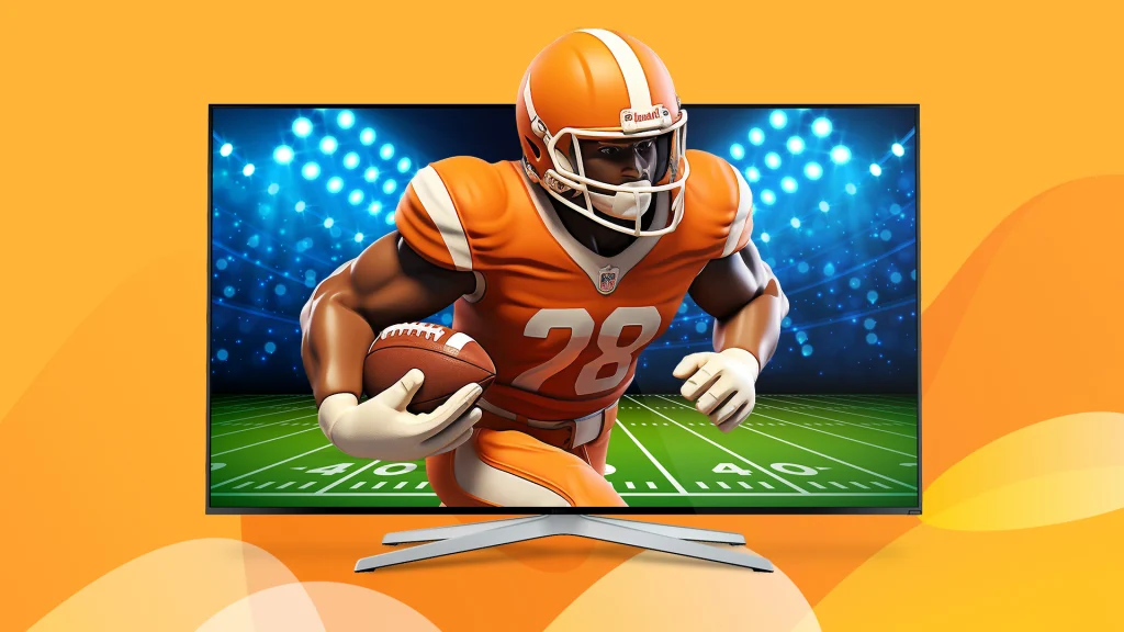 An American football player coming out of a television screen is centered on a vibrant yellow background.