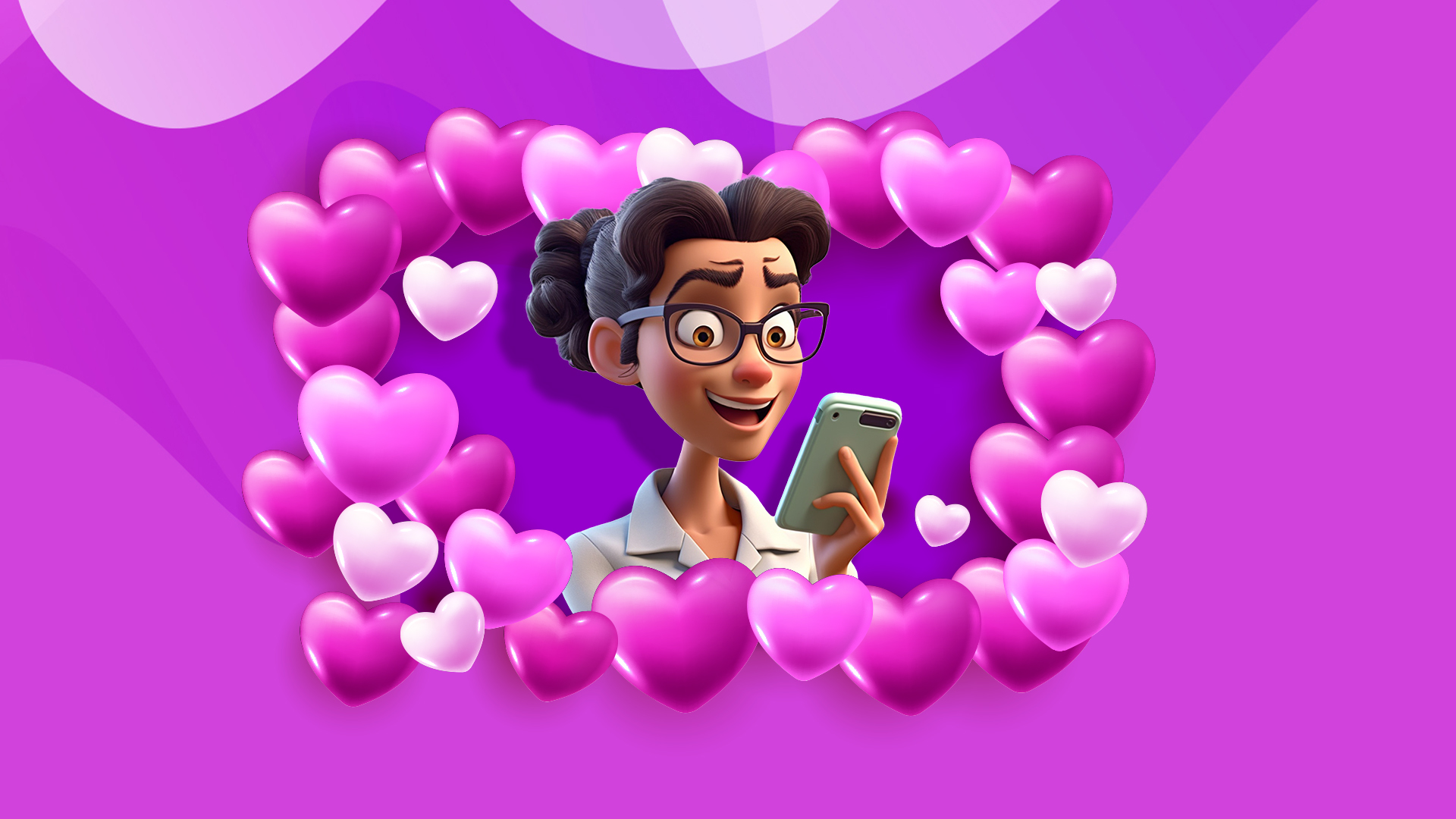 Female animated character looking at mobile phone and smiling surrounded by love hearts on a purple background.