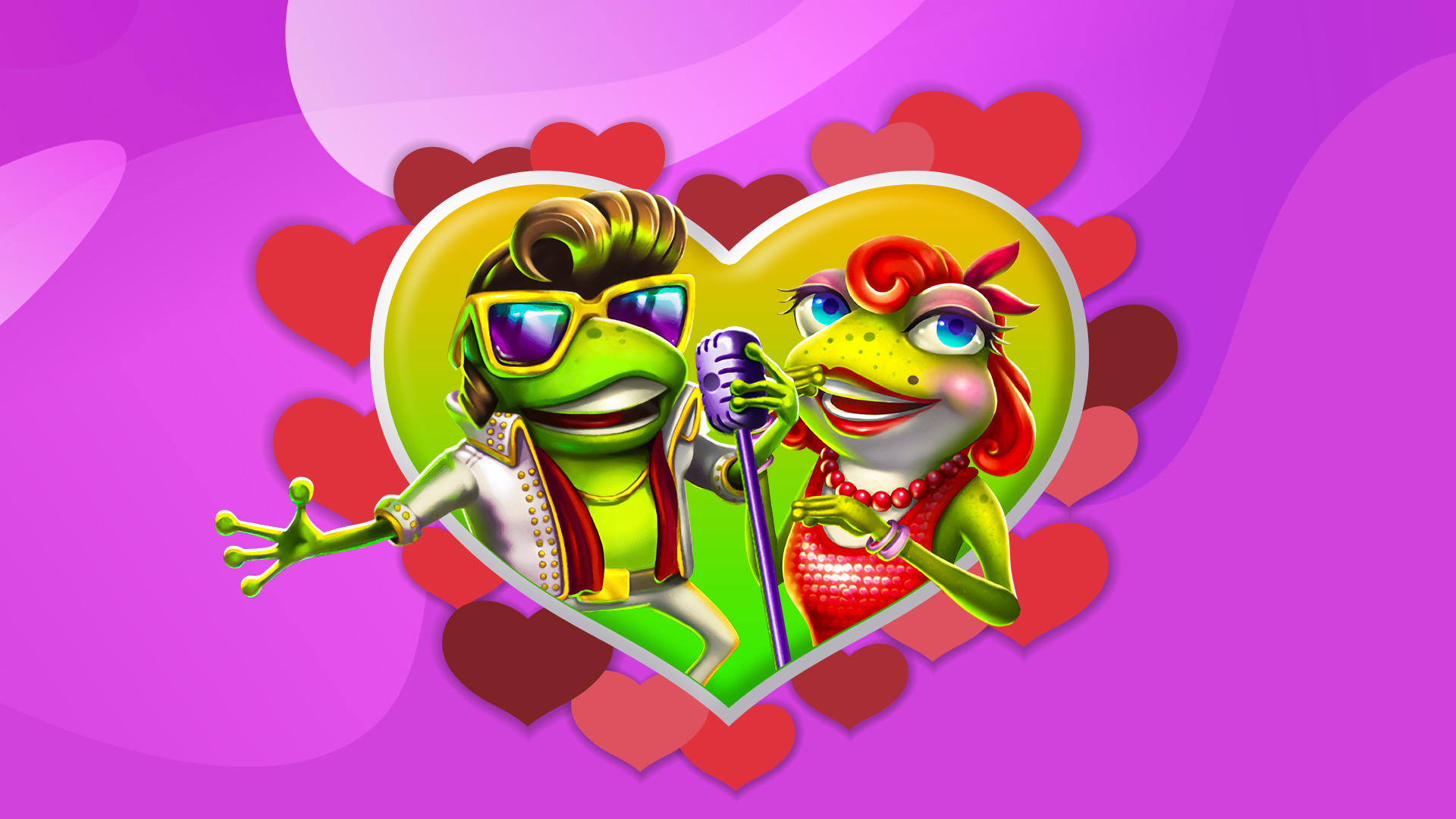 Elvis styled frogs are positioned in a love heart on a purple background.