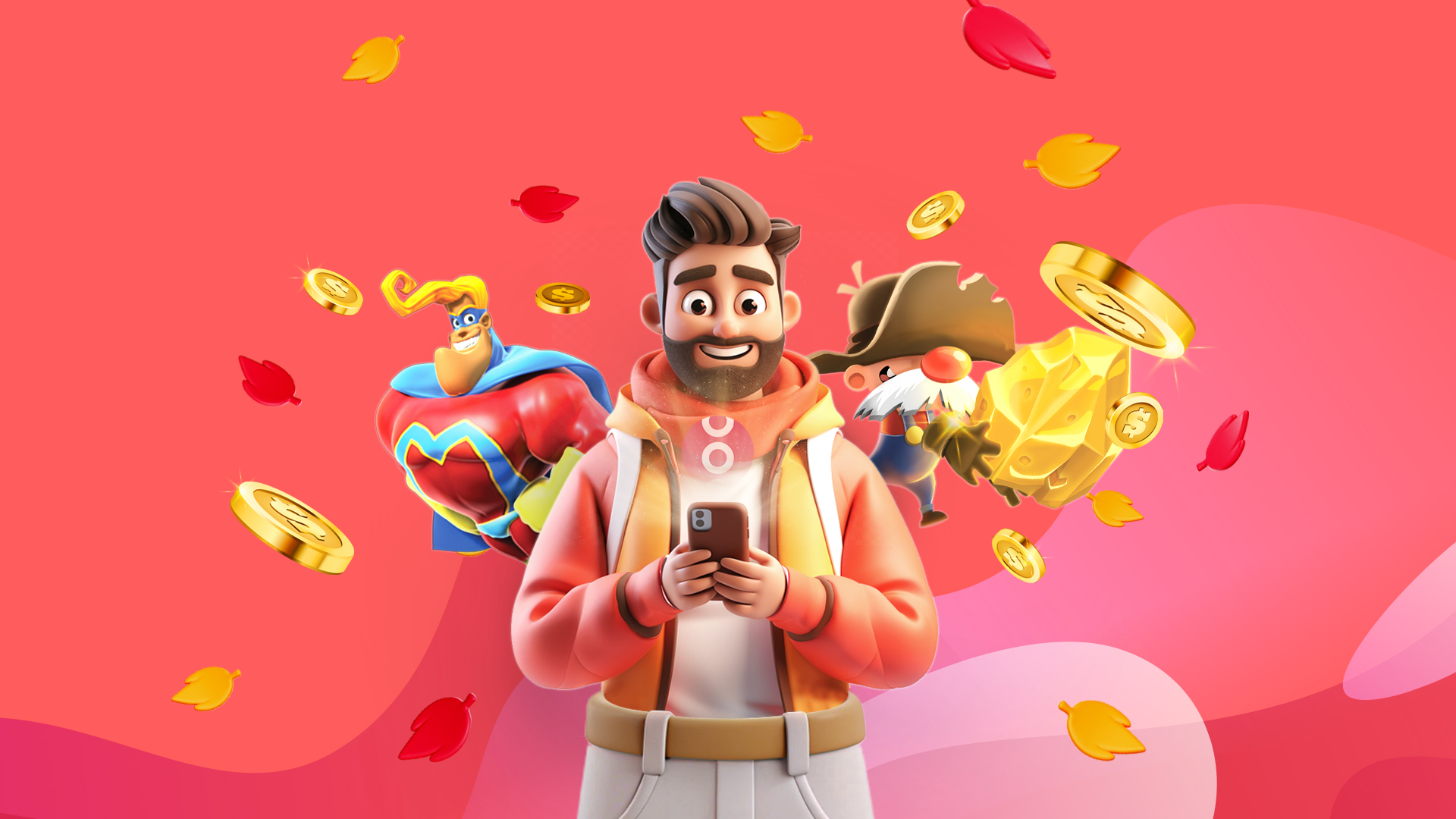 A man dressed in fall clothes is looking at his phone, and SlotsLV characters are floating around him over a pink and red background.