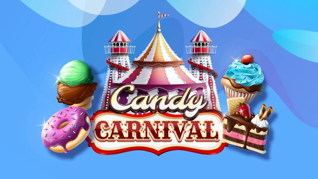 With a light blue background there’s a carnival with text that says ‘Candy Carnival’ and ice cream, donuts, and cake surround it on either side. 