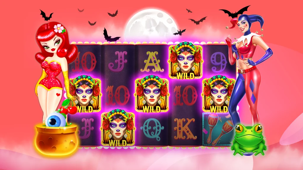 There’s a seductive redhead on the left side of a slot game at SlotsLV depicting the holiday Dia de los Muertos. On the right is a jester, and the whole picture is with a pink and red background. 