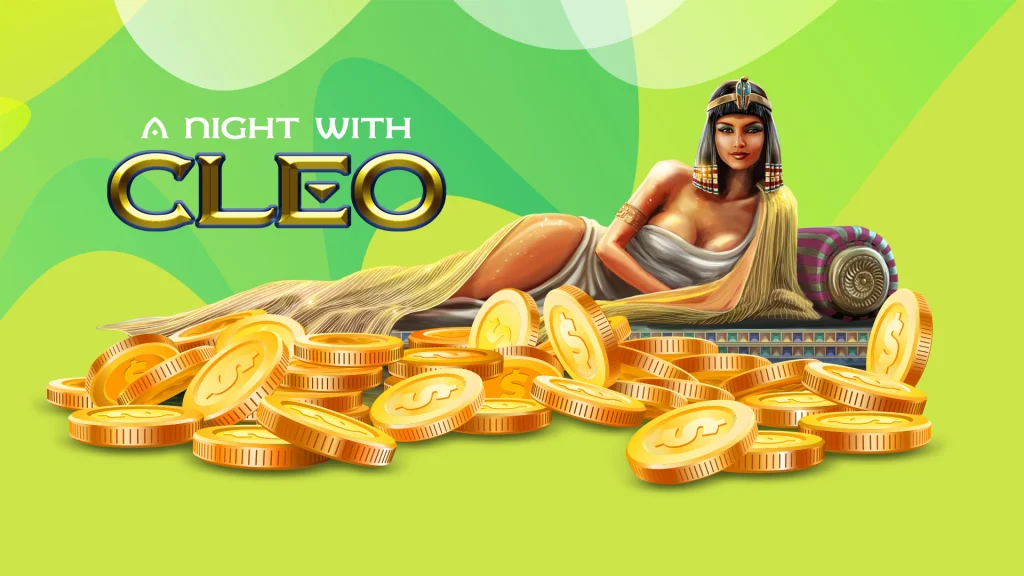 There’s a pile of gold coins with Cleopatra lying seductively behind them on a swooning chair, and text to the left reads ‘A Night With Cleo’.