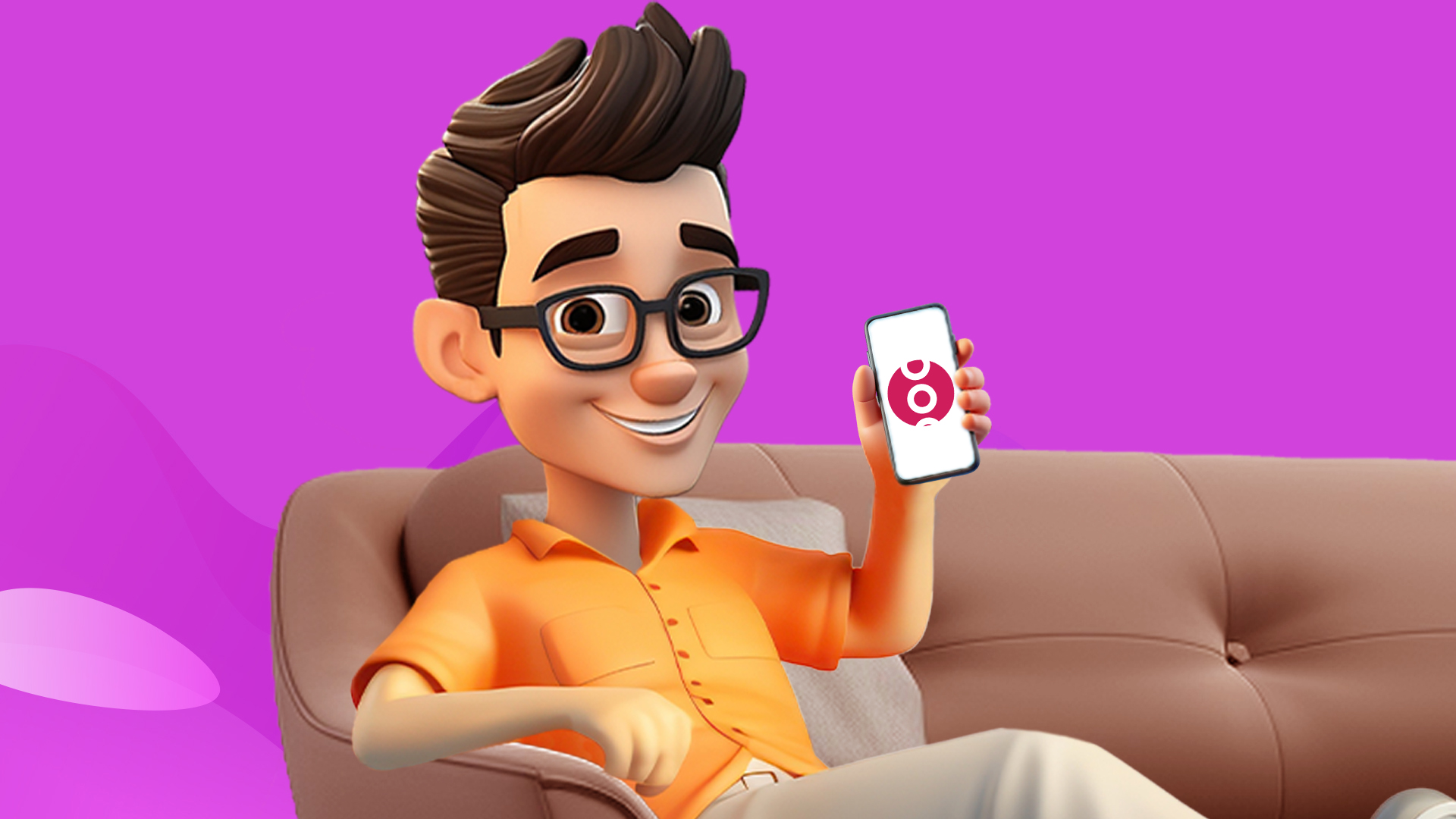 A guy with brown hair and glasses is sitting on a couch in front of a purple background, and he’s holding his smartphone with the SlotsLV logo on it.