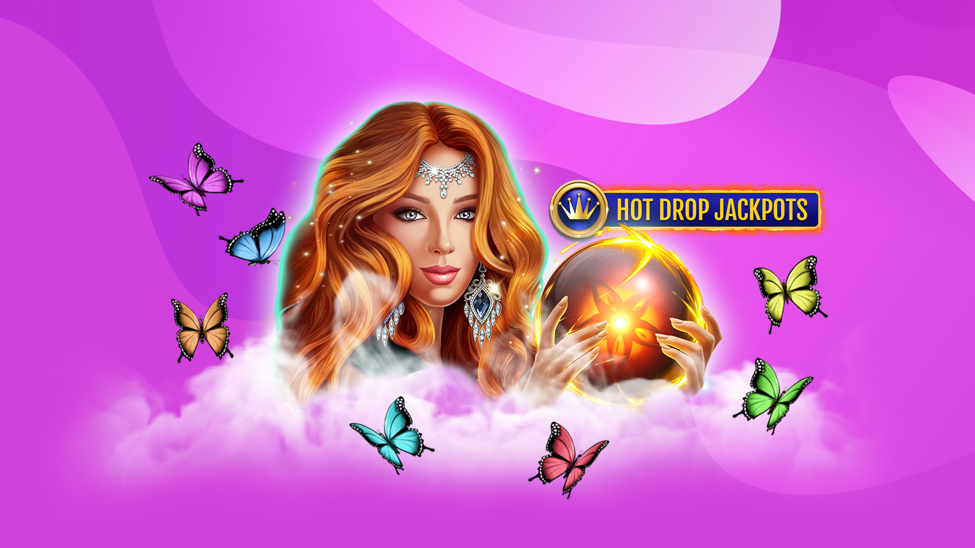 A woman with long red hair is holding an orange crystal ball as butterflies flutter around her head, and words say ‘Hot Drop Jackpots’ to her right, all with a purple background.