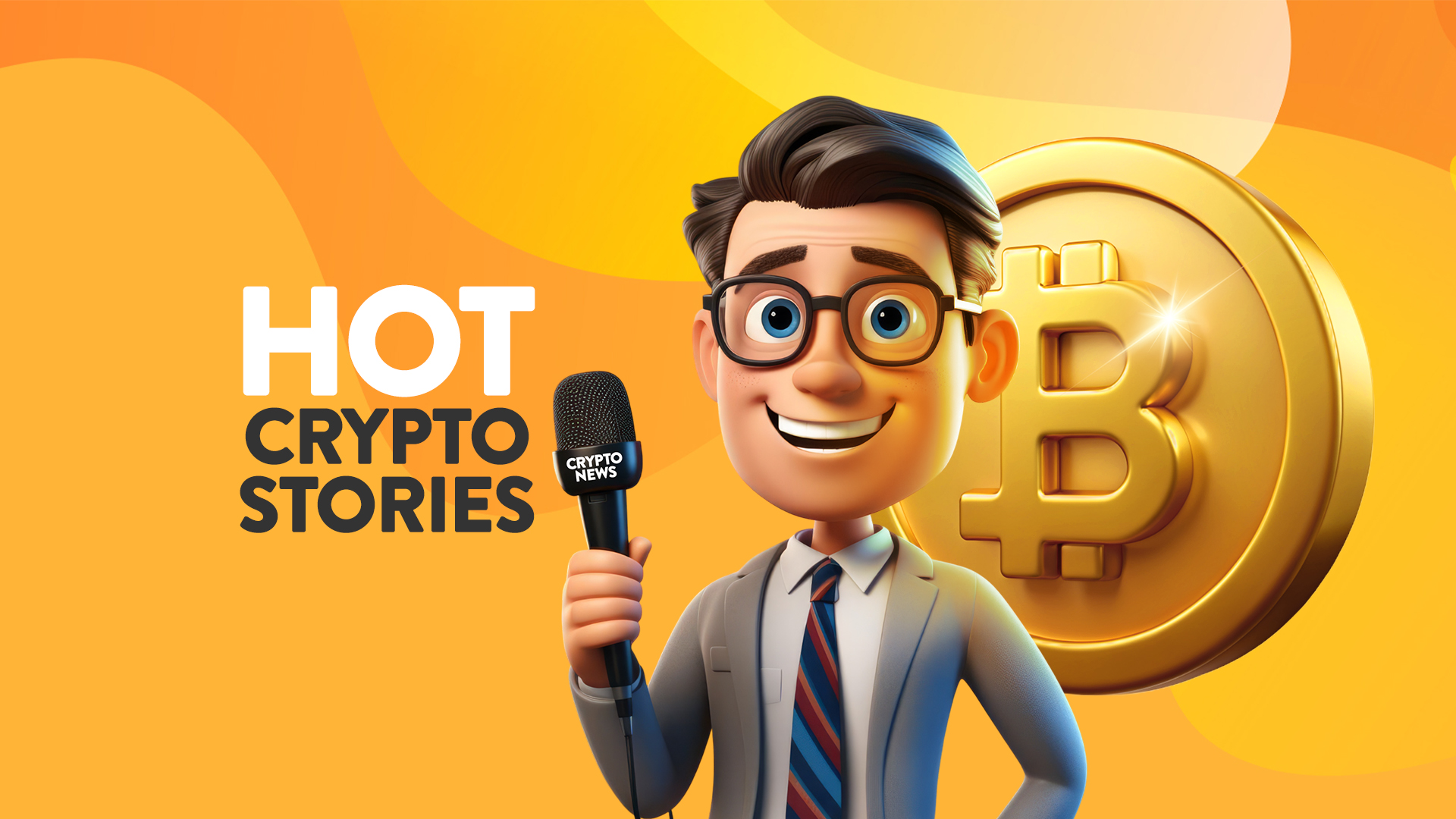 A yellow-orange background has a man in a suit holding a microphone, and to his left the text says ‘Hot Crypto Stories’, and a gold Bitcoin is to his right.