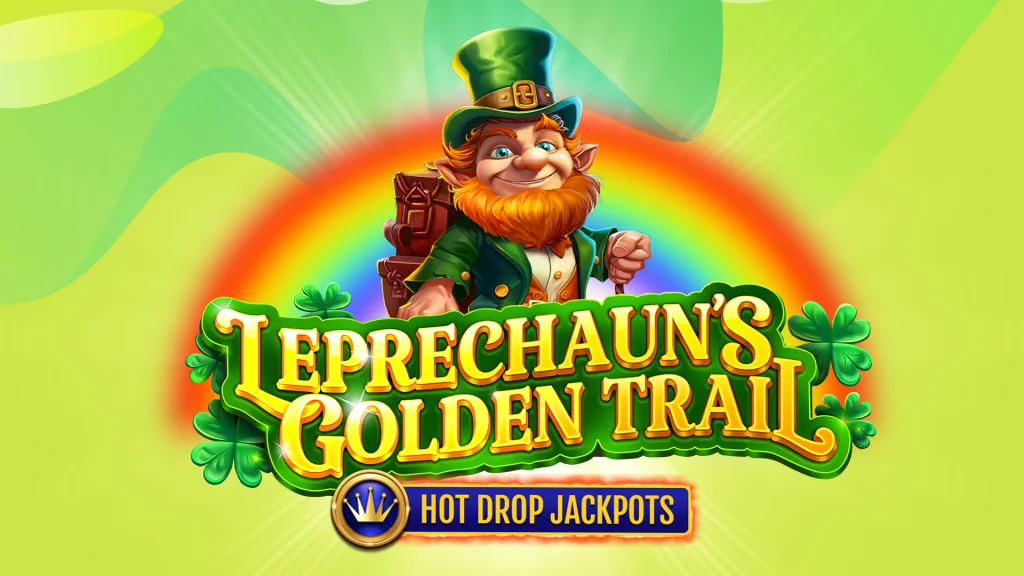 There’s a leprechaun with a green top hat and red beard behind words that read ‘Leprechaun’s Golden Trail Hot Drop Jackpots’ which are all over a rainbow and a lime green background.