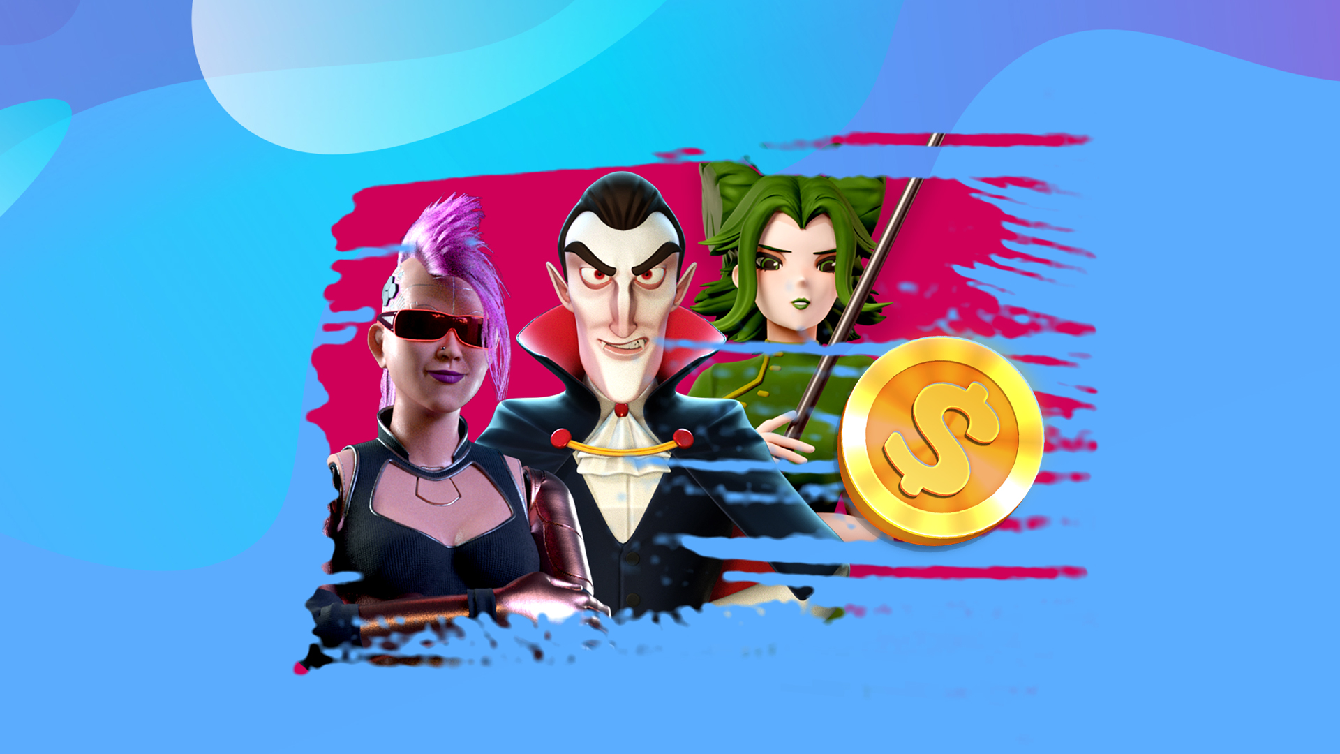 A punk-rock lady with a pink mohawk is on the left, a scowling vampire is in the middle, and a green-haired character as well as a gold coin are on the right. The background is pink and light blue.