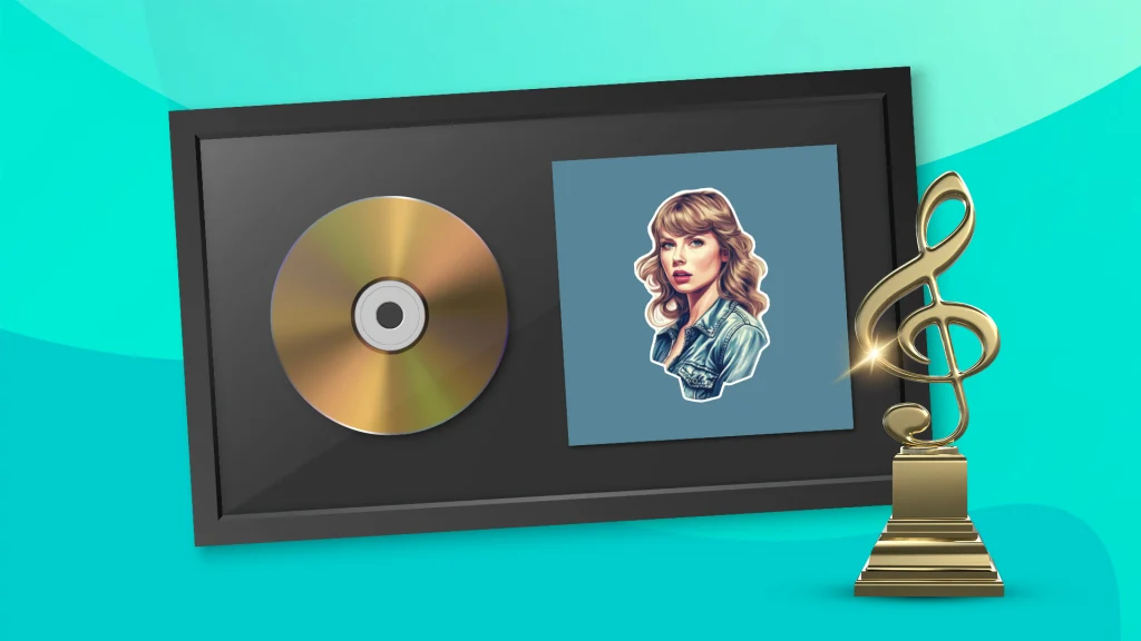 A black frame shows a gold record inside next to a picture of Taylor Swift and a statue with a musical note  in front of it, all on a teal background. 