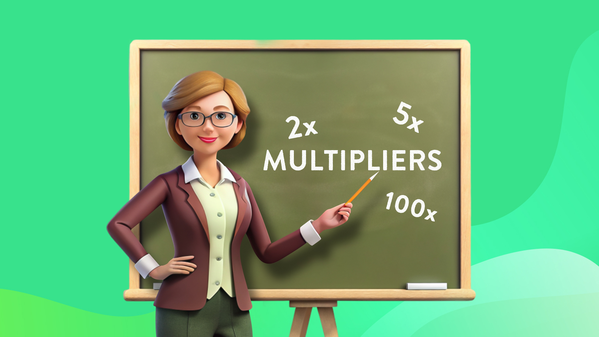 On a mint-green background is a teacher pointing to a blackboard that says ‘Multipliers’ surrounded by 2x, 5x, and 100x