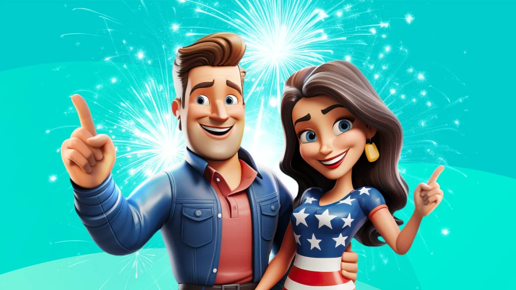 On a teal background are a smiling man and woman dressed in red, white, and blue with fireworks popping off behind them.