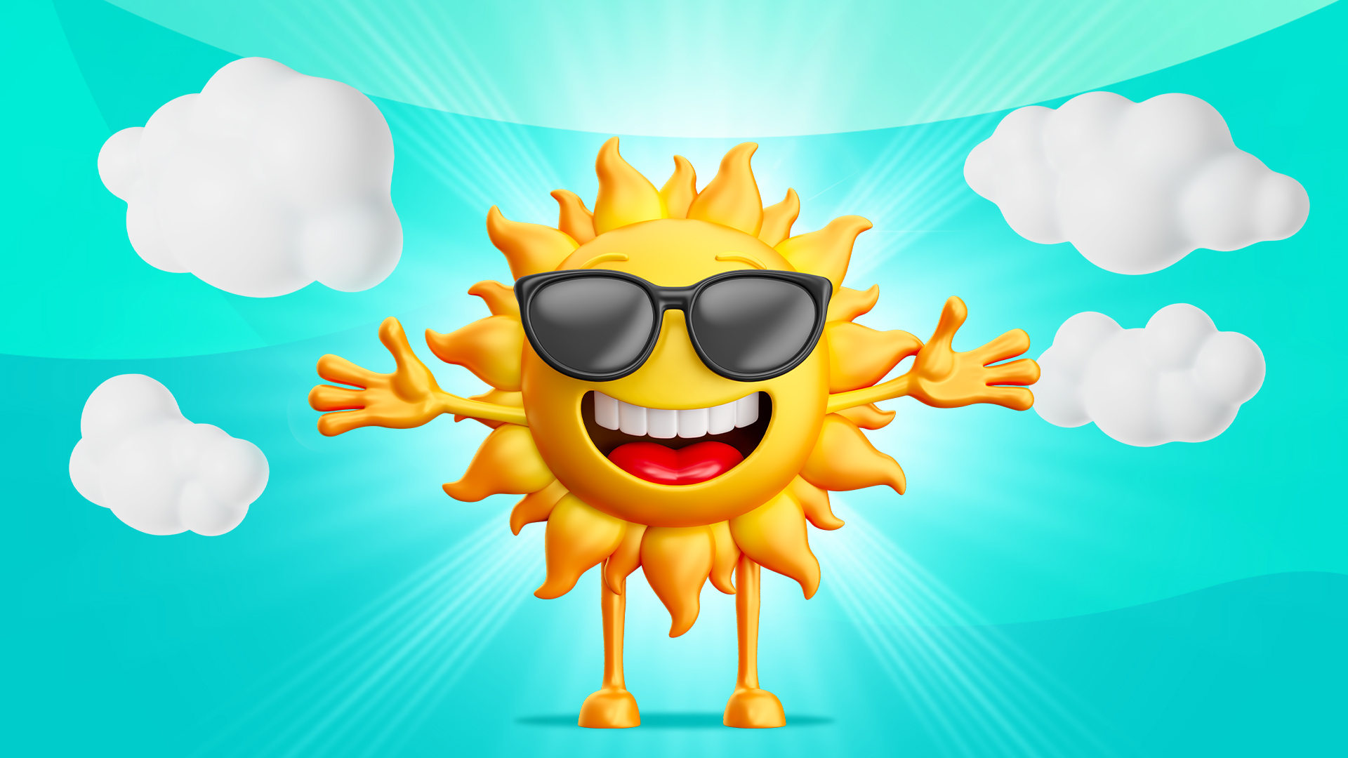A big smiling sun wearing sunglasses is in the center of a bright blue sky with white puffy clouds.
