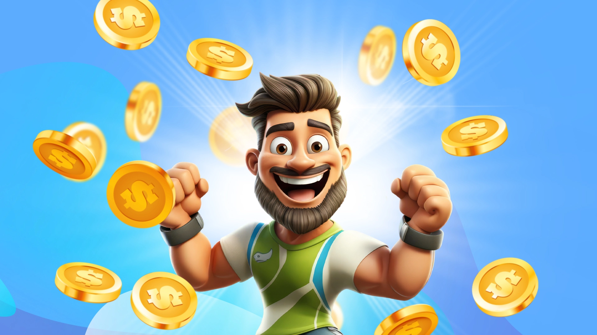 A man is super excited with gold coins floating around him and it’s all on a light blue background.