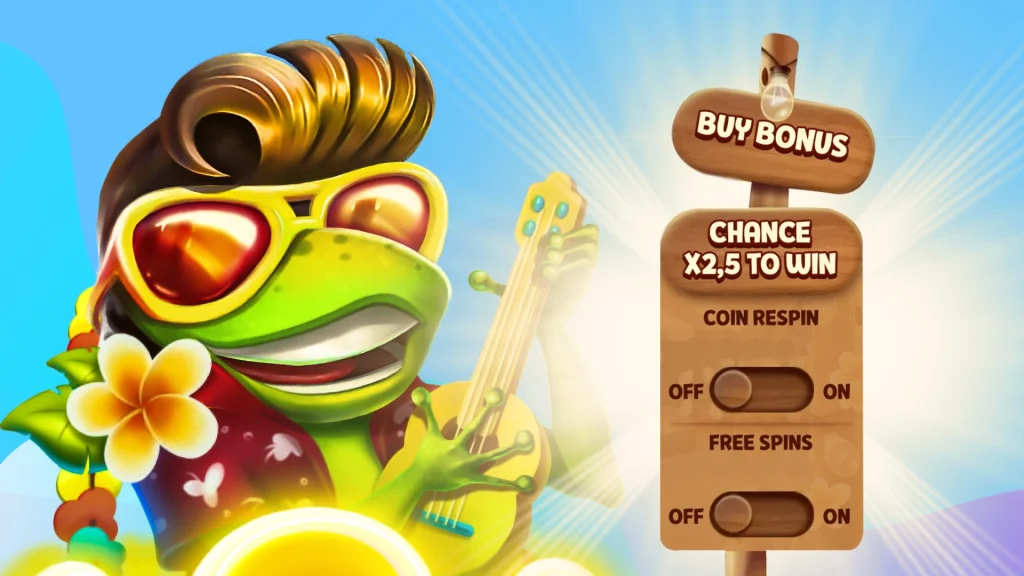 A frog dressed as Elvis in Hawaiian clothes plays a ukulele to the left and next to him on the right is a wooden sign that says ‘Buy Bonus’ and ‘Chance x2.5 to win’.