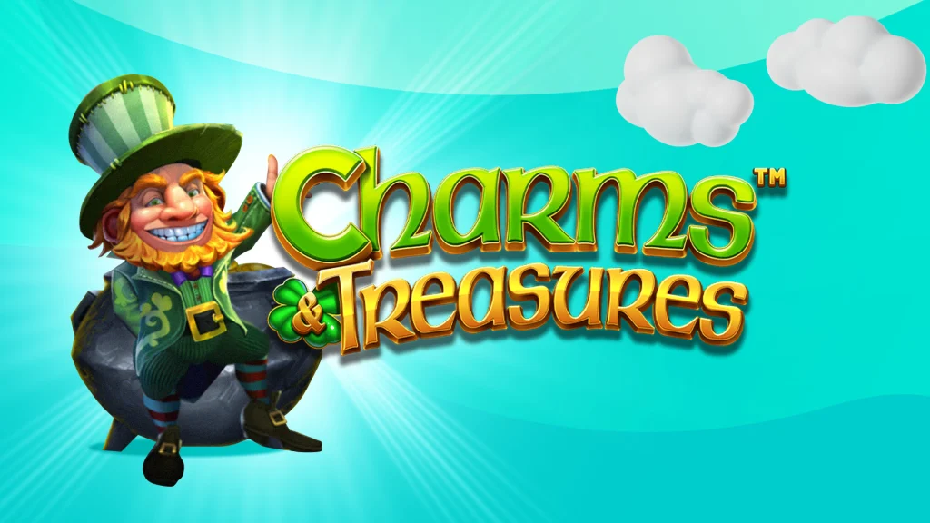 There’s a leprechaun on a sky blue background next to text that says ‘Charms Treasures'