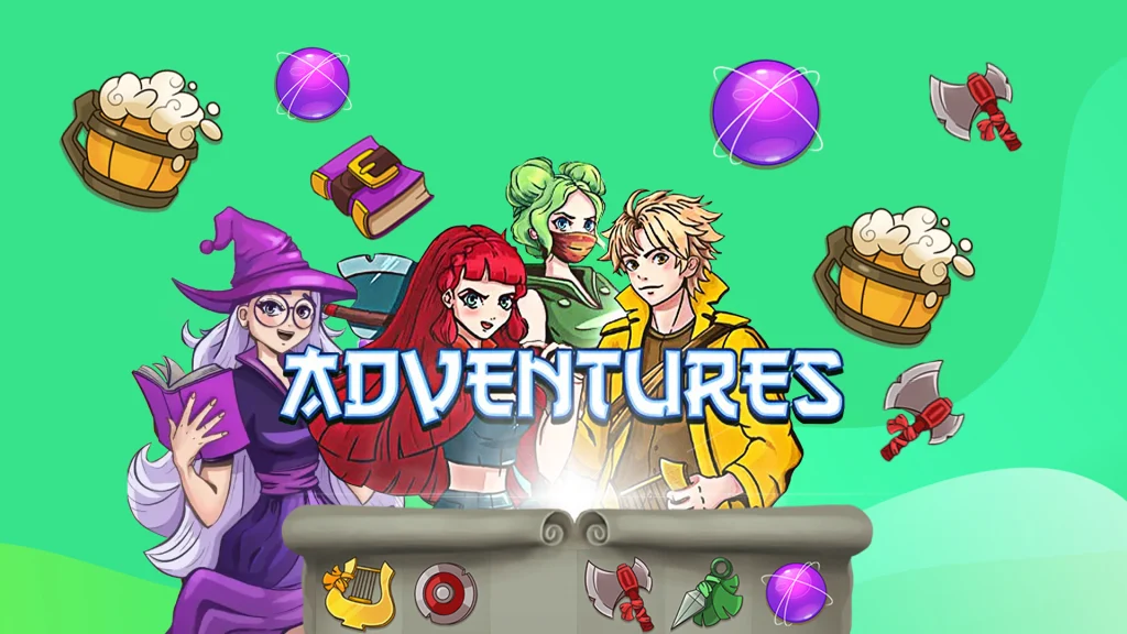 On a mint green background are anime characters surrounded by floating slot symbols and the text ‘Adventures’ on top.