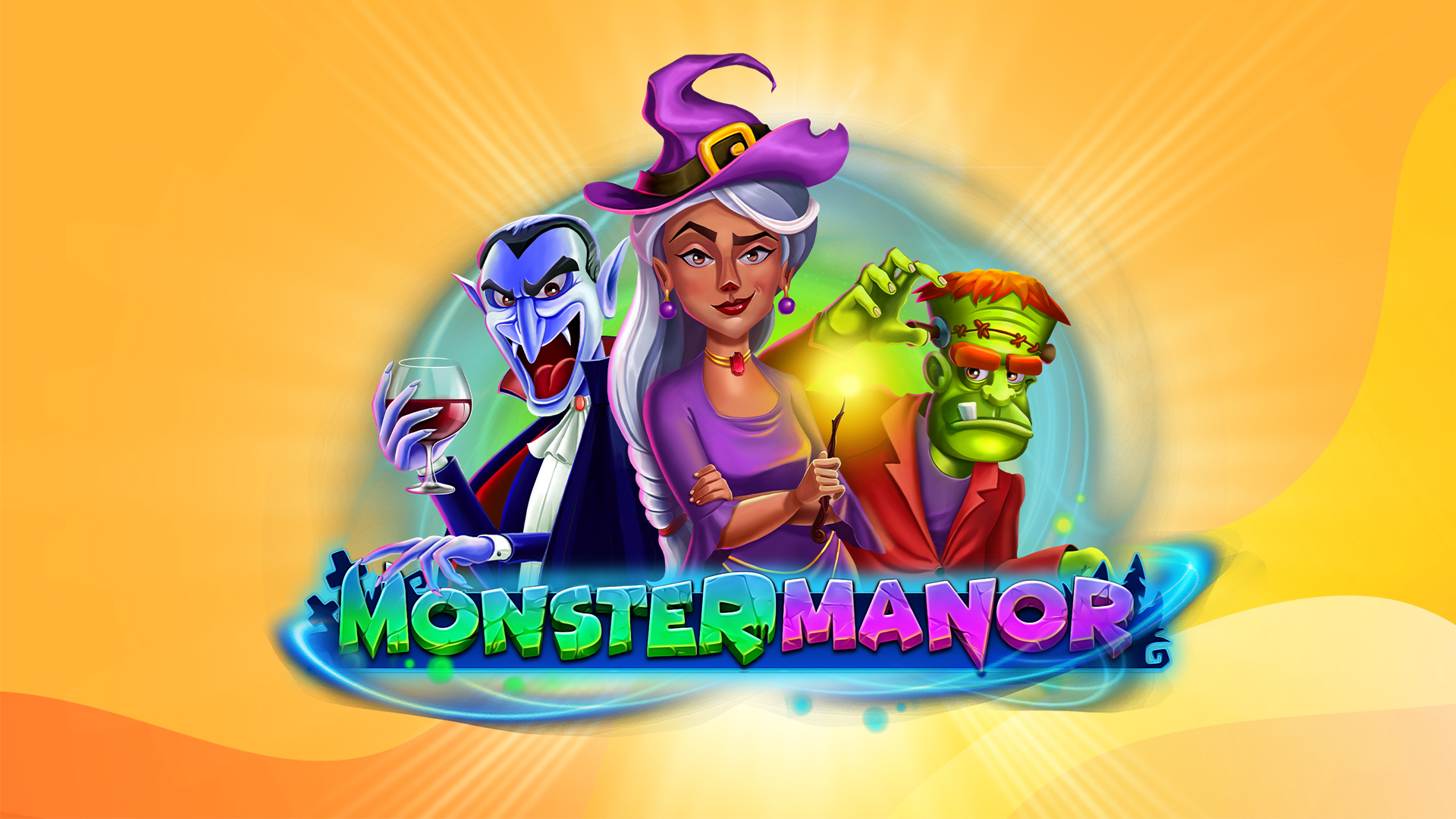 A vampire, a witch, and Frankenstein’s monster are above text that says ‘Monster Manor’ and a blue orb behind it with a golden background.