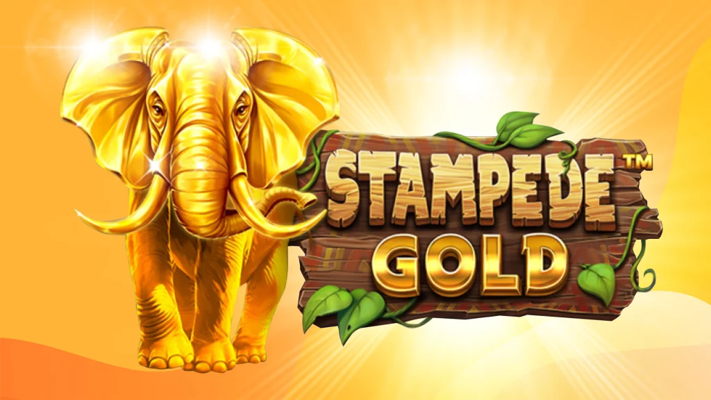 A golden elephant on a gold backdrop stands next to a wooden sign that reads ‘Stampede Gold’.