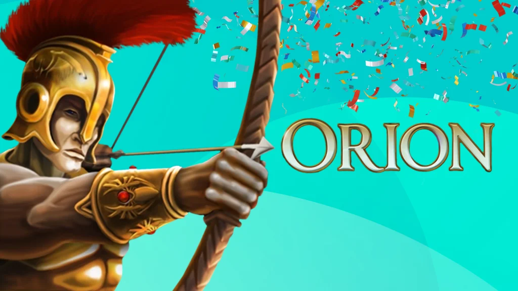 On a teal background is text that says ‘Orion’ with confetti floating around and Orion to the left shooting a bow and arrow. 