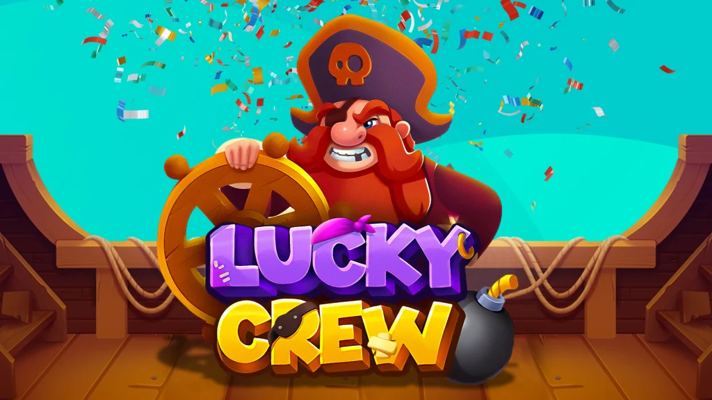 A snarling pirate steers his ship under a cloud of confetti and words reading ‘Lucky Crew’.