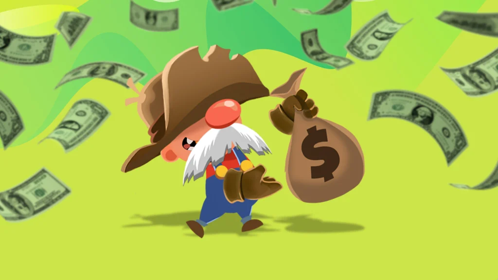 A prospector with an oversized hat and bushy mustache holds a bulging satchel of cash with more floating around him.