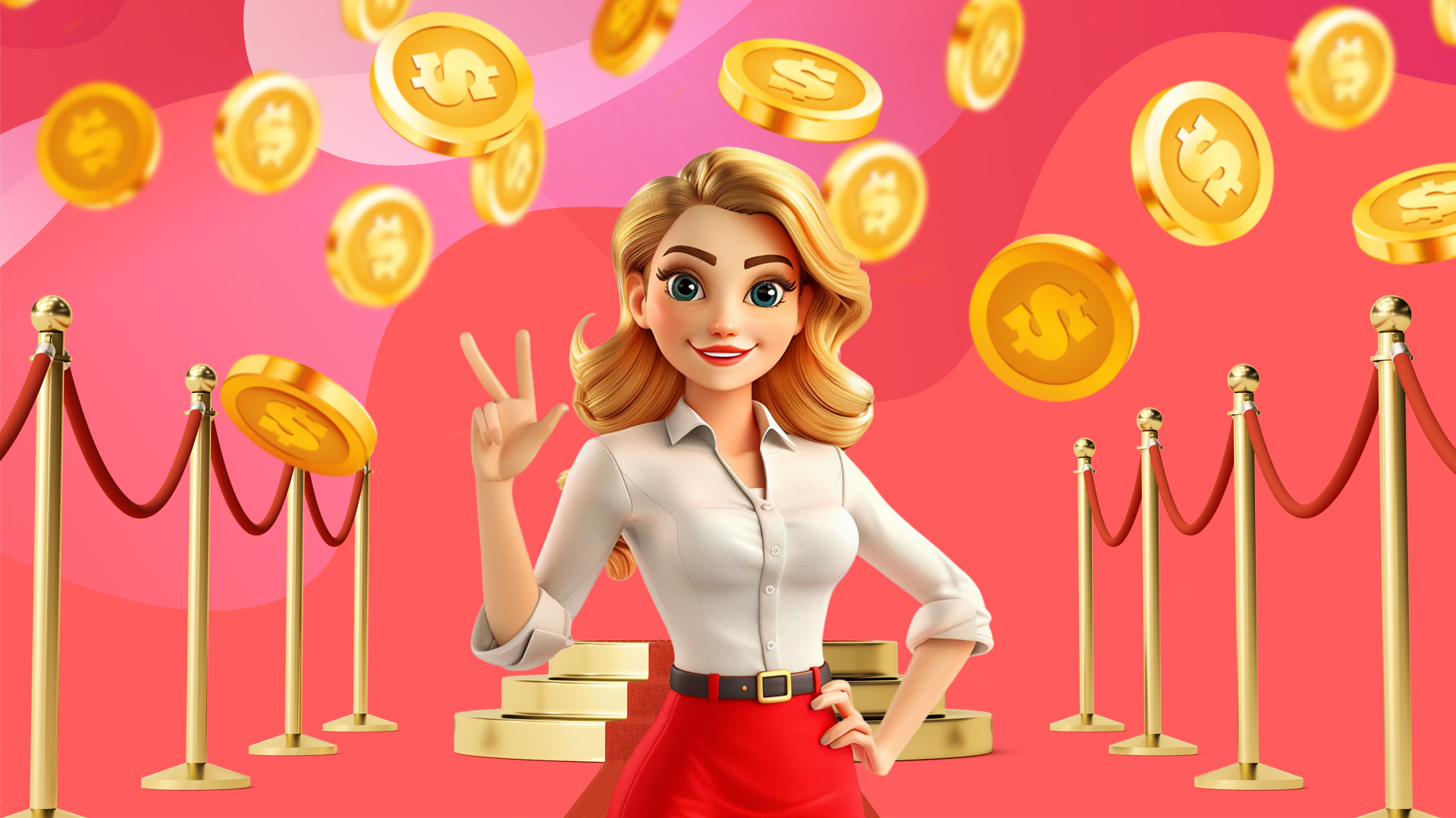 On a red background there’s a blonde lady waving on a red carpet in between velvet ropes and gold coins are poised over her head.