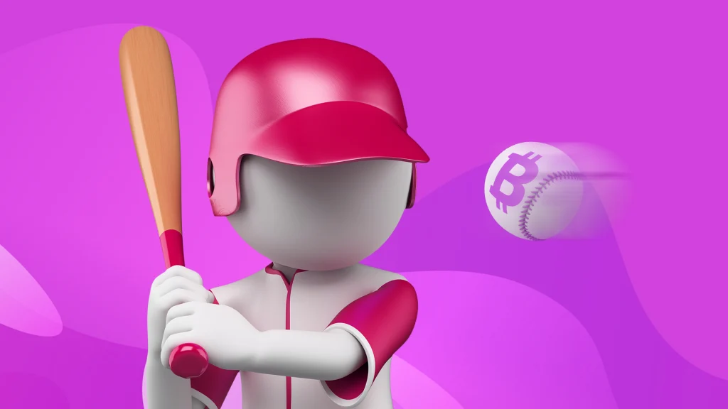 A figure in a baseball cap is holding a bat. It’s about to hit a ball with the Bitcoin logo on it, all on a purple background. 