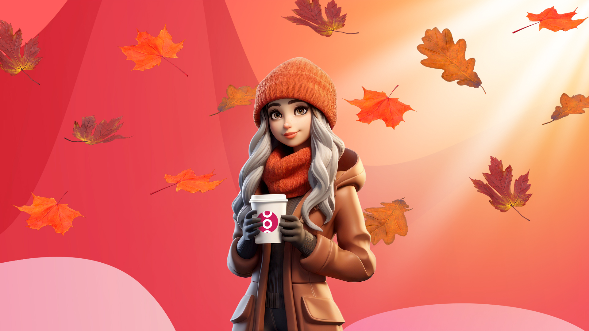 Autumn leaves are drifting over a red background and a woman with long hair and an orange beanie is holding a to-go coffee cup with the SlotsLV logo on it.