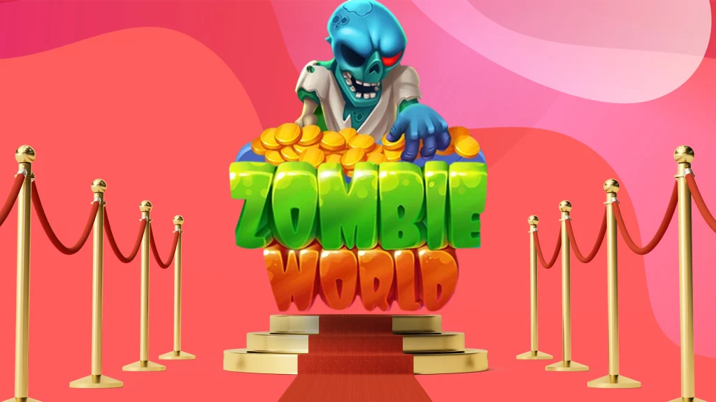 A zombie lurches over text that says ‘Zombie World’ and its all on a red carpet with a red background and within two lines of velvet ropes.