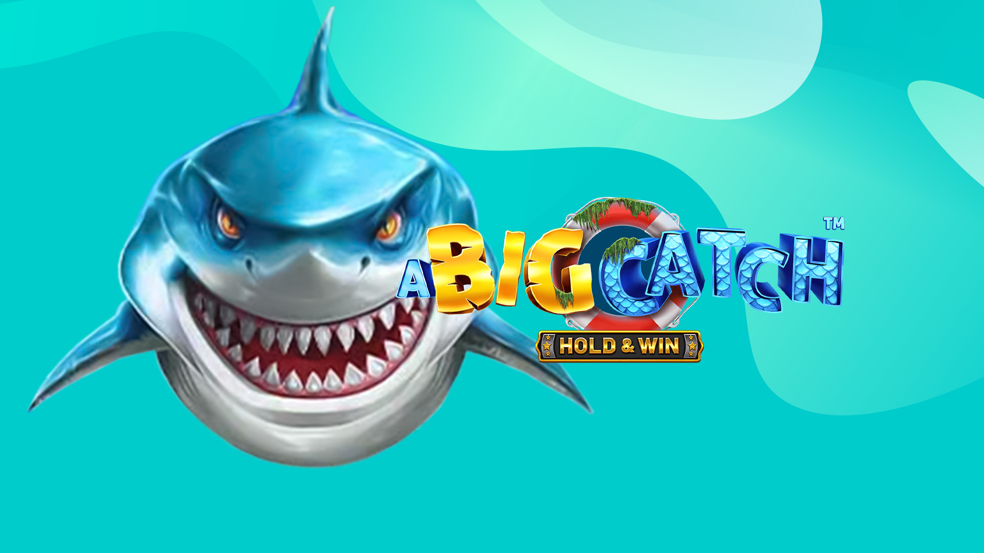 A snarling shark is swimming under a teal sea with text to its right that says ‘Big Catch Hold & Win’, a SlotsLV online slot.