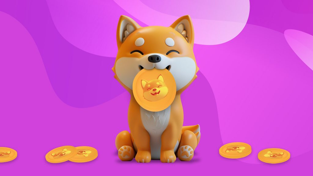 A Shiba Inu dog is holding a DAWGZ token in its mouth over a purple background, and more DAWGZ tokens are on the floor around him.