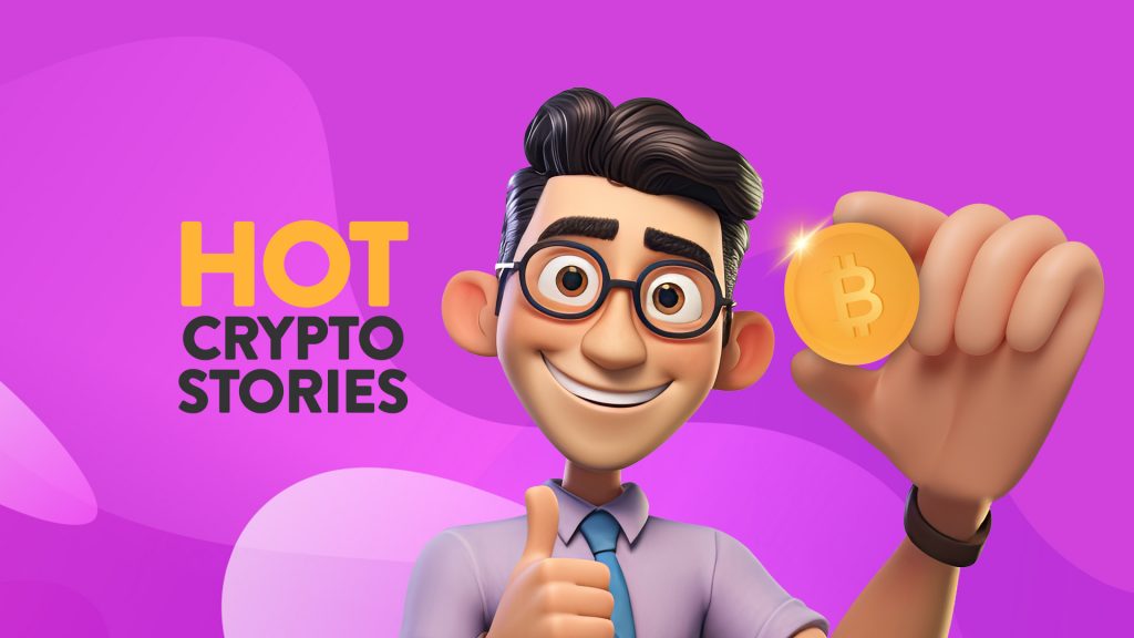 There’s a purple background and text that says ‘Hot Crypto Stories’ to the left of a man with glasses holding a gold Bitcoin in his hand.