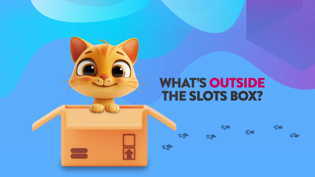 A cute cat is poking out of a box displayed on a blue background to the left of text that says ‘What’s Outside the Slots Box?,’ the SlotsLV series of posts.