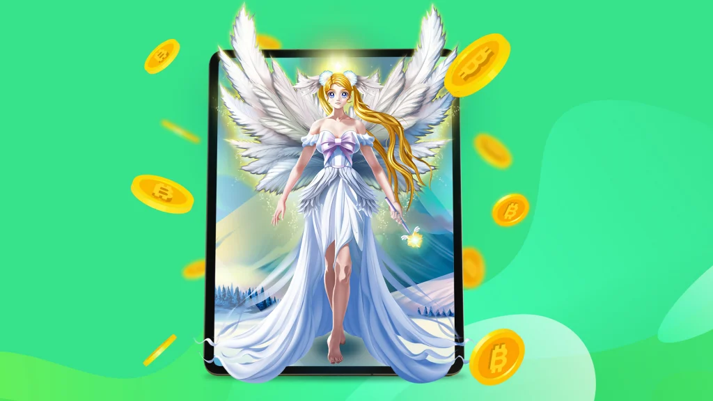 An ethereal white angel emerges from a tablet amidst a flurry of gold coins, and it’s all displayed on a bright green image.