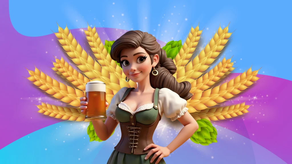 With a purple and blue glittery background, a woman in a traditional German drindl holds up a stein of beer. Behind her is an array of fanned out wheat.