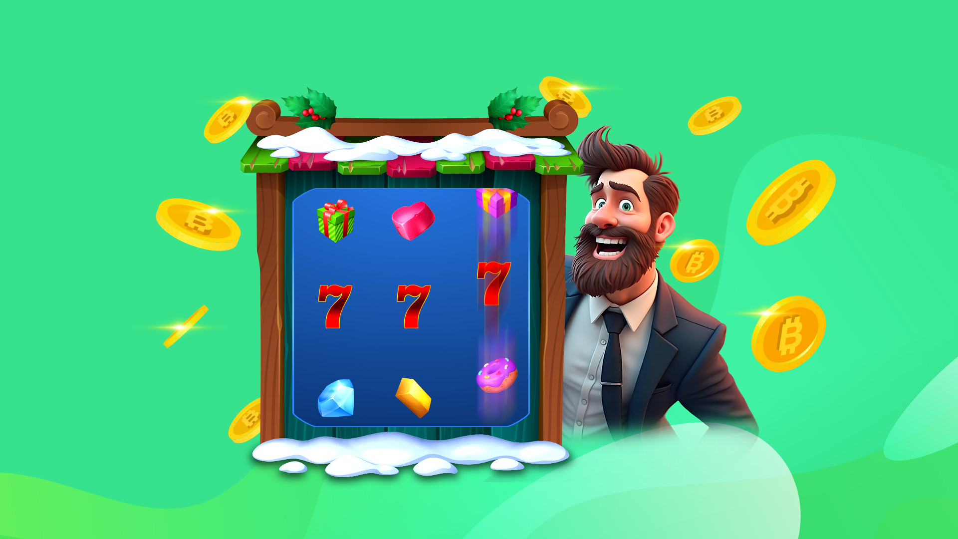 On a bright green background, a man stands behind an active slot machine with snow on it. All around him are gold coins.