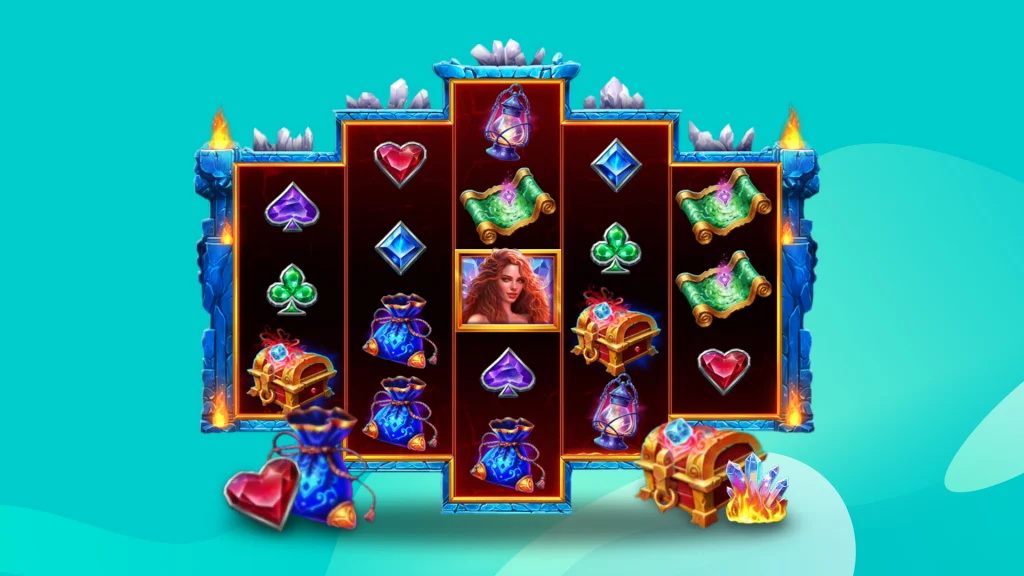 A teal image shows the Crystals on Fire game in action on a 3-4-5-4-3 reel grid.