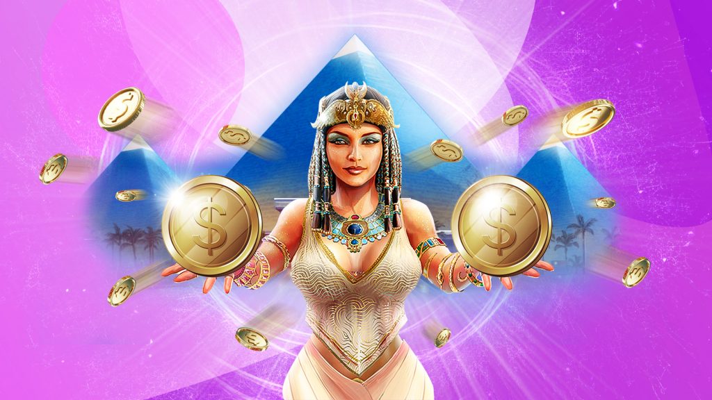 An alluring Cleo holds two gold coins toward the front of the picture, standing before three blue pyramids on a light purple background.