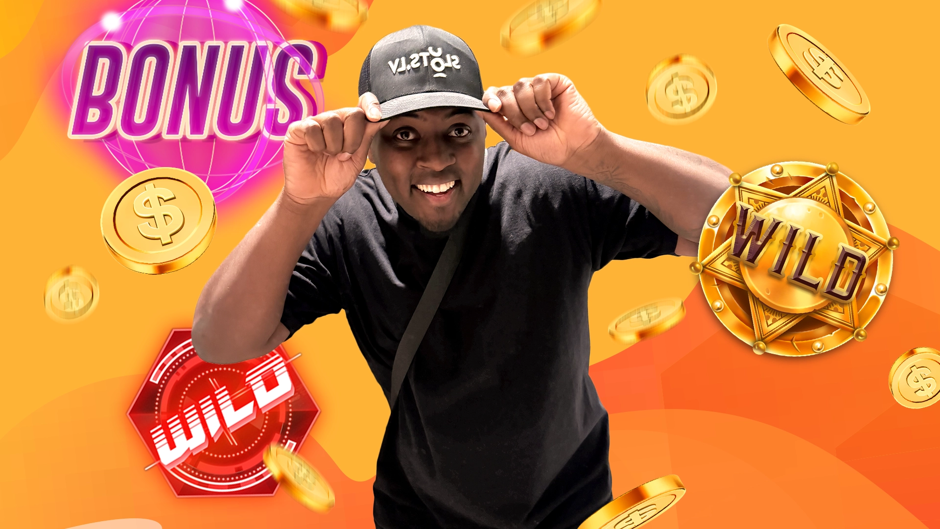 Jackpot Jay Vegas wearing a black shirt and cap, posing with both hands holding the brim of his cap, in front of a vibrant orange background featuring digital 'BONUS' and 'WILD' symbols along with gold coins.