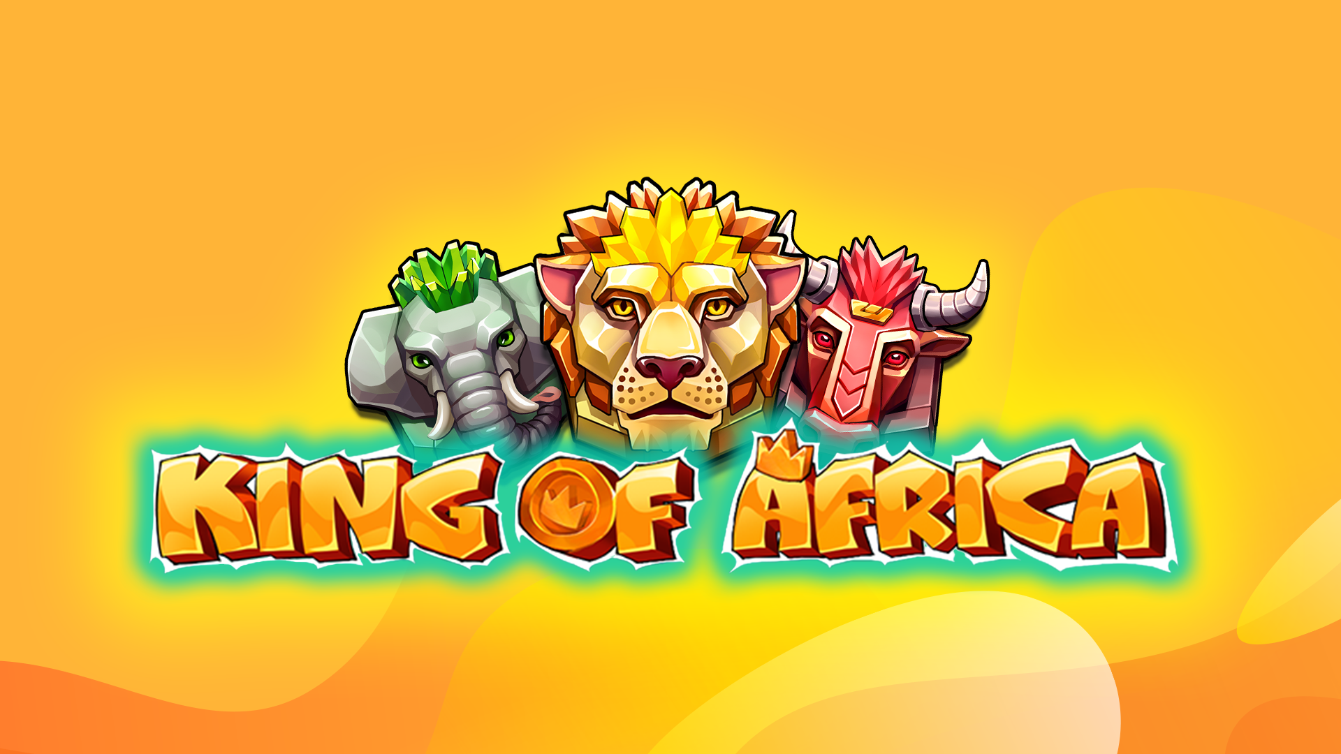 A logo-style image for the King of Africa slot with an animated lion, elephant, and bull at the center, surrounded by bright yellow and orange tones.